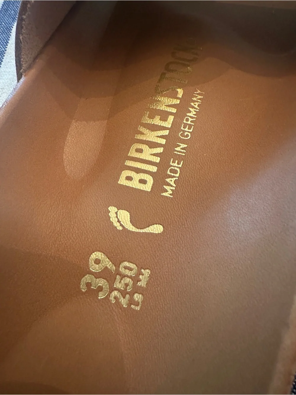 Birkenstock Madrid Big Buckle  Single-Band Slide in Cognac Brown with Gold Logo